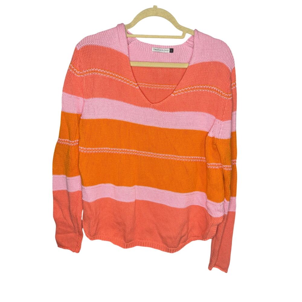 Zaket & Plover Orange and Pink V Neck Sweater Size L